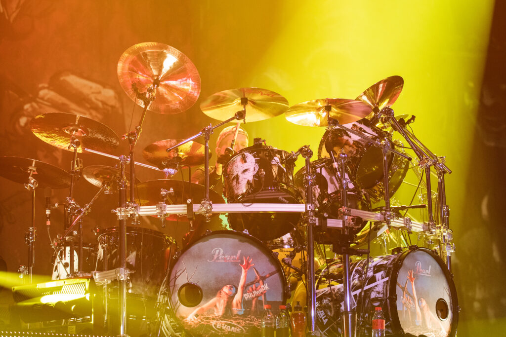 Jon Larsen, drummer of the danish heavy metal band Volbeat, at Rockhal in Luxembourg during their "Rewind, Replay, Rebound" tour in 2019
