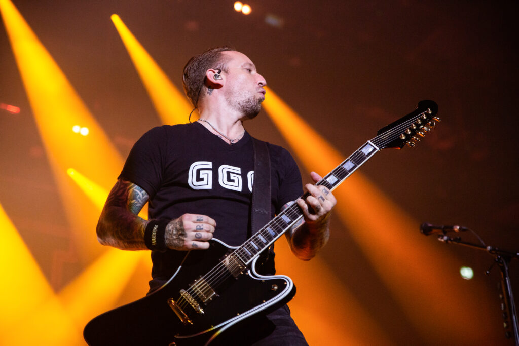 Michael Poulsen, lead singer guitarist of the heavy metal band Volbeat, at Rockhal in Luxembourg during their "Rewind, Replay, Rebound" tour in 2019
