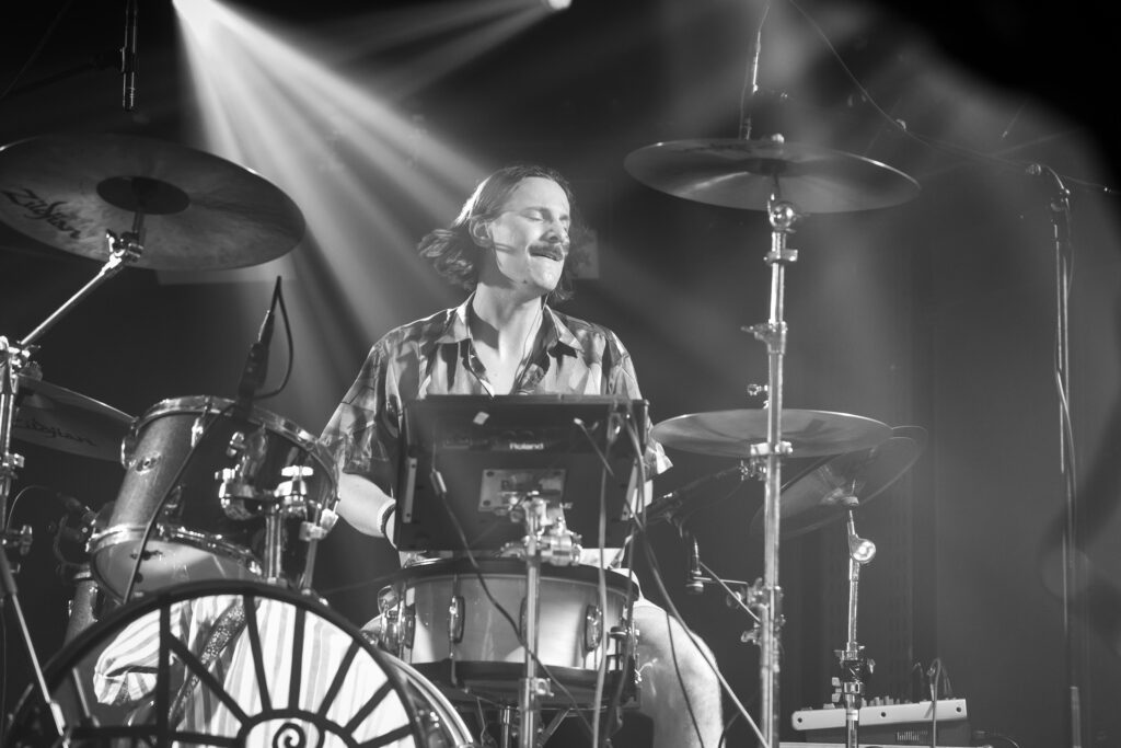 Michi Mentgen, drummer of the Luxembourgish band Seed to Tree, during their album release show at Den Atelier in Luxembourg, September 2023