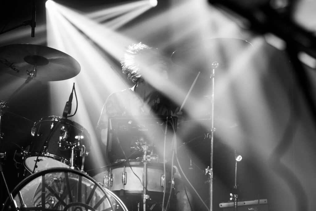 Michi Mentgen, drummer of the Luxembourgish band Seed to Tree, during their album release show at Den Atelier in Luxembourg, September 2023