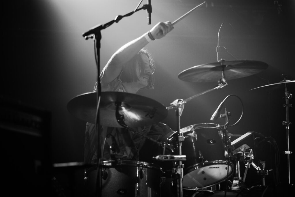 Michi Mentgen, drummer of the Luxembourgish band Seed to Tree, during their album release show at Den Atelier in Luxembourg, September 2023