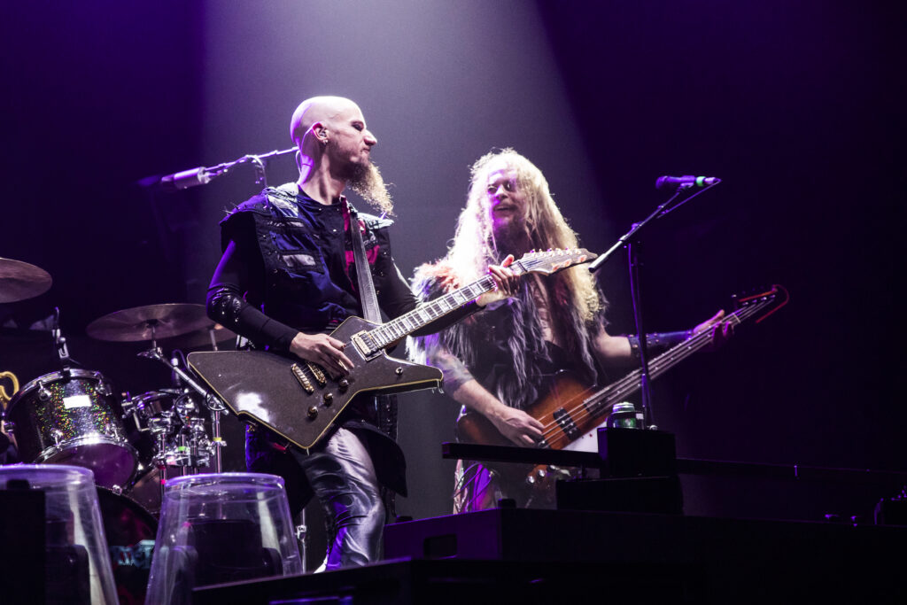 Paul Templing aka Grandmaster Proletius, guitarist, and James Cartwright aka The Hootsman aka King of California, bassist of Gloryhammer, during their show at the Rockhal in Luxembourg in 2019