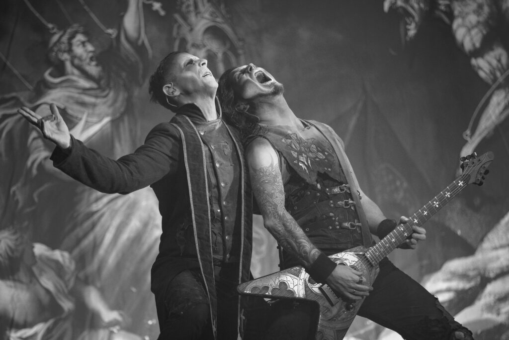 Falk Maria Schlegel, keyboarder, and Matthew Greywolf, guitarist of the German heavy metal band Powerwolf during their show at the Rockhal in Luxembourg in 2019