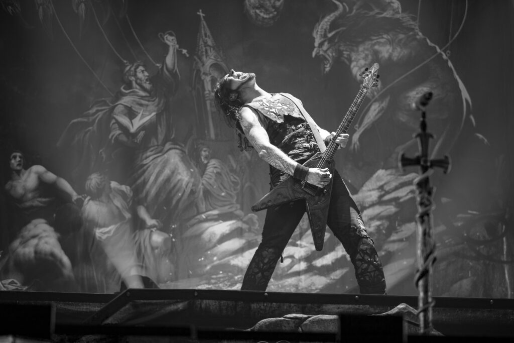 Matthew Greywolf, guitarist of the German heavy metal band Powerwolf during their show at the Rockhal in Luxembourg in 2019