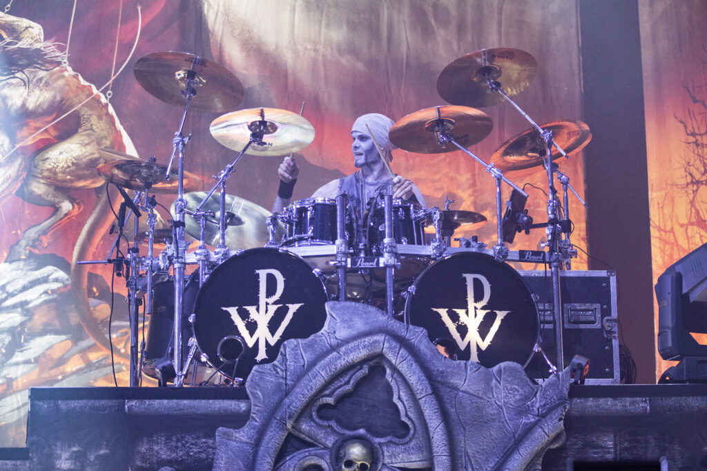 Roel van Helden, drummer of the German heavy metal band Powerwolf during their show at the Rockhal in Luxembourg in 2019