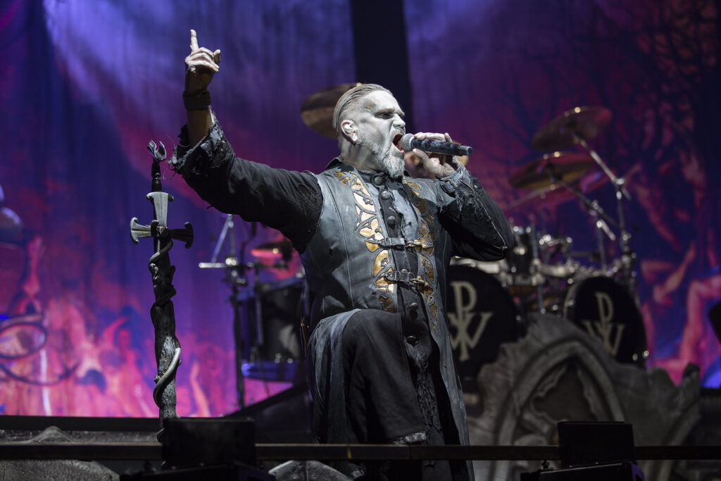 Attila Dorn, lead singer of the German heavy metal band Powerwolf during their show at the Rockhal in Luxembourg in 2019