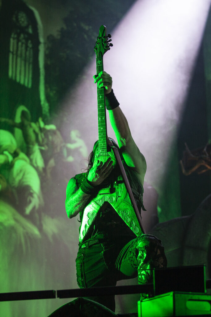 Matthew Greywolf, guitarist of the German heavy metal band Powerwolf during their show at the Rockhal in Luxembourg in 2019