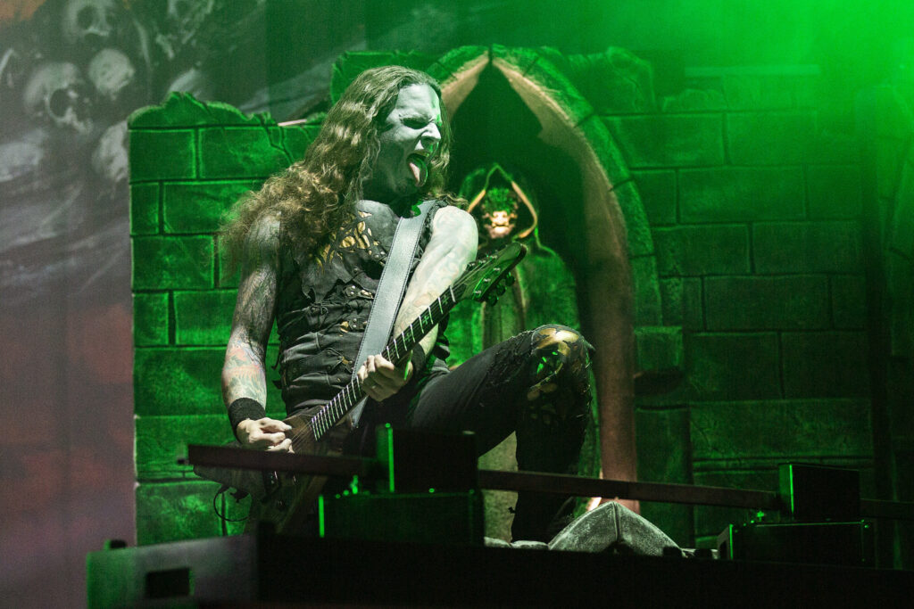 Charles Greywolf, guitarist and bassist of the German heavy metal band Powerwolf during their show at the Rockhal in Luxembourg in 2019