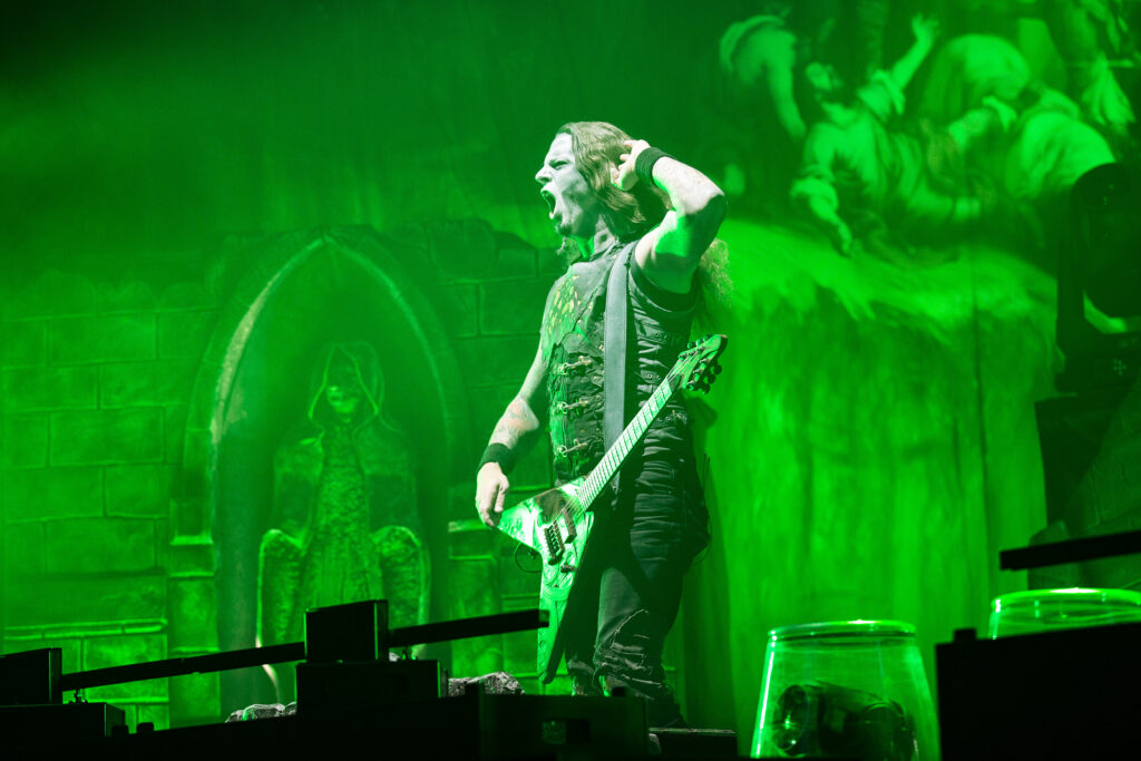 Charles Greywolf, guitarist and bassist of the German heavy metal band Powerwolf during their show at the Rockhal in Luxembourg in 2019