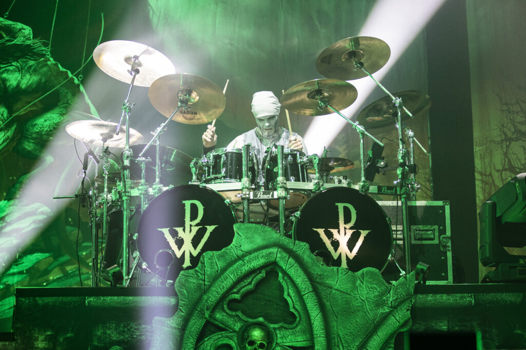 Roel van Helden, drummer of the German heavy metal band Powerwolf during their show at the Rockhal in Luxembourg in 2019