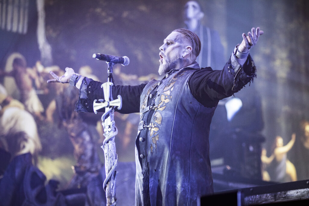 Attila Dorn, lead singer of the German heavy metal band Powerwolf during their show at the Rockhal in Luxembourg in 2019