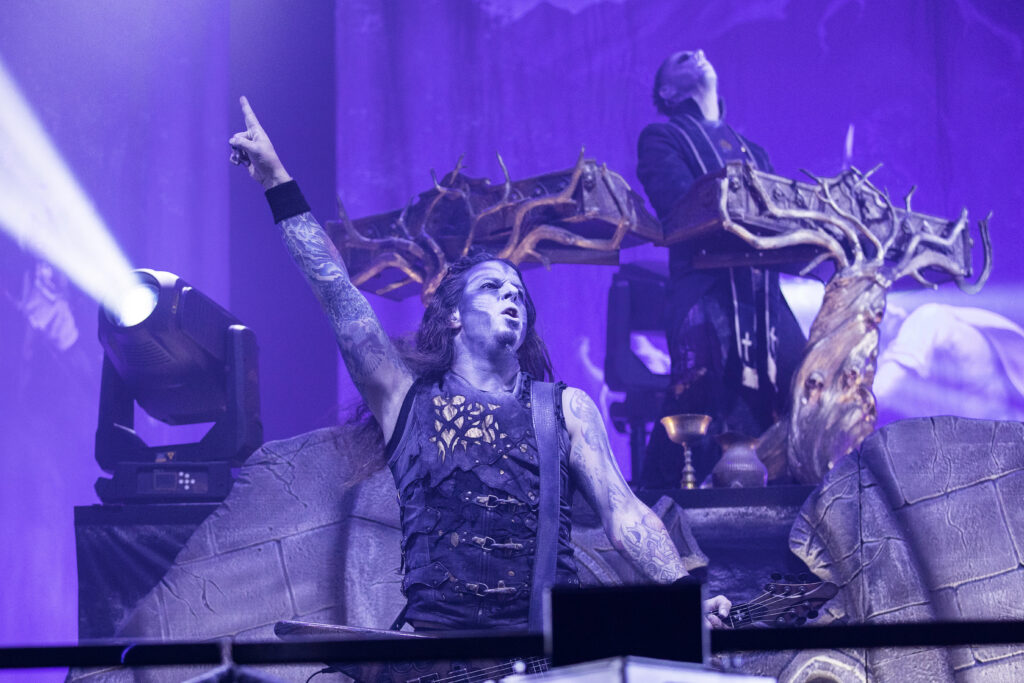 Charles Greywolf, guitarist and bassist of the German heavy metal band Powerwolf during their show at the Rockhal in Luxembourg in 2019